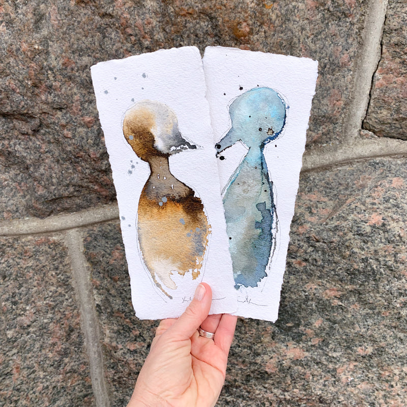 Tuschfågel på handgjort papper - blå