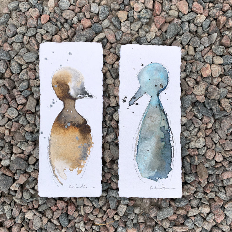 Tuschfågel på handgjort papper - blå